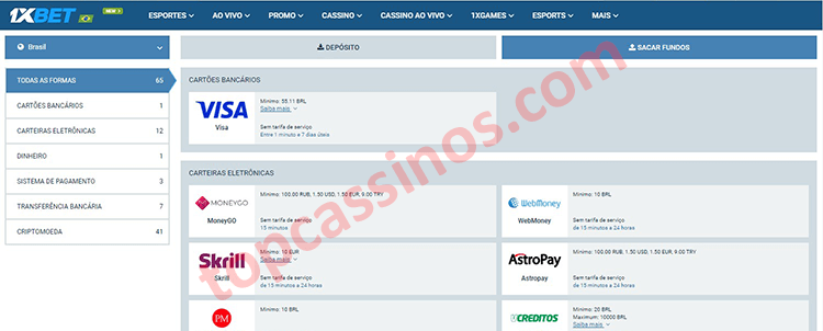 Métodos de retirada a 1xBet