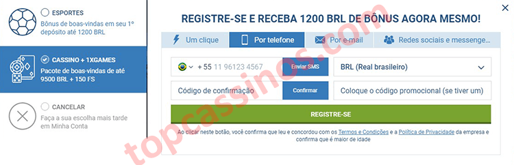 Registro com 1xbet por número de telefone