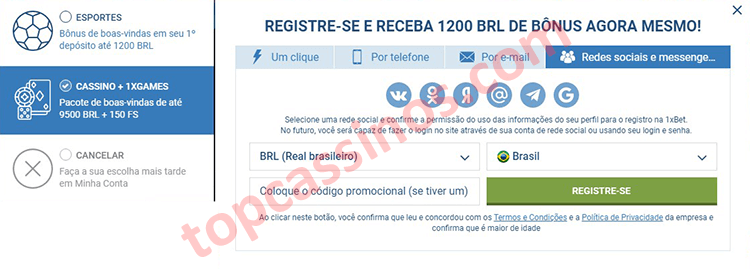 Registro na 1xbet através de redes sociais e mensageiros