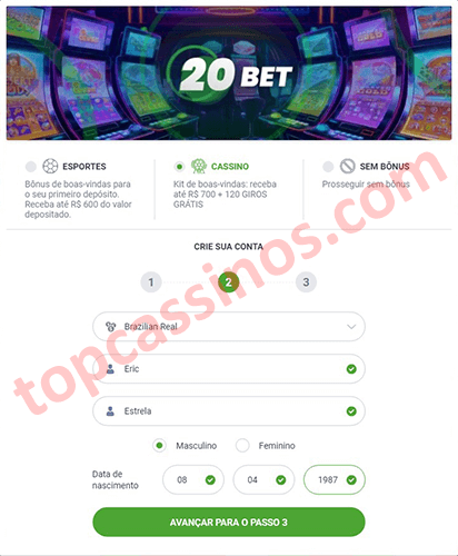 20bet segunda etapa do registro - dados pessoais