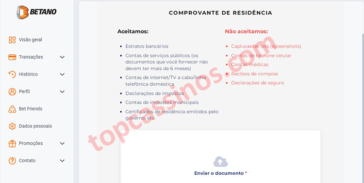 Documentos que Betano aceita