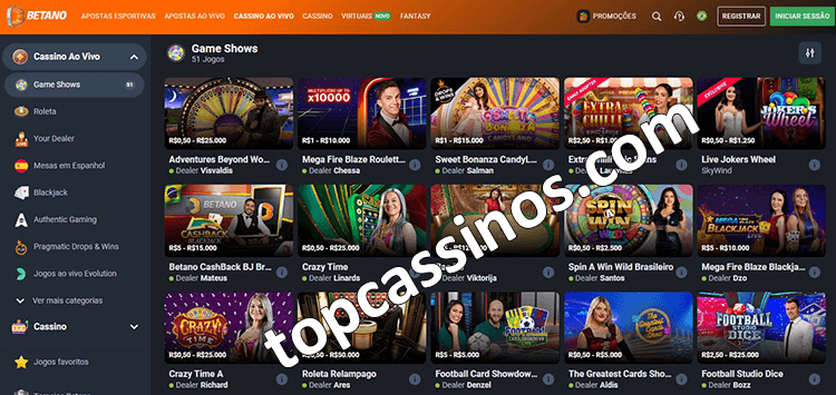 Jogos de Game Shows no cassino ao vivo Betano