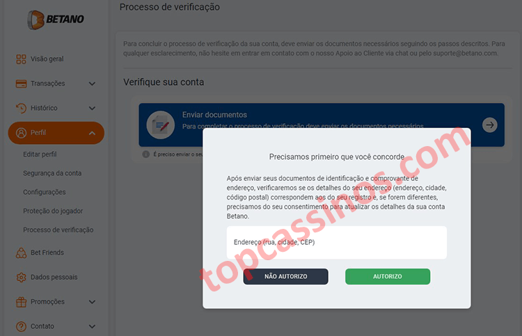 Verificação de sua conta Betano